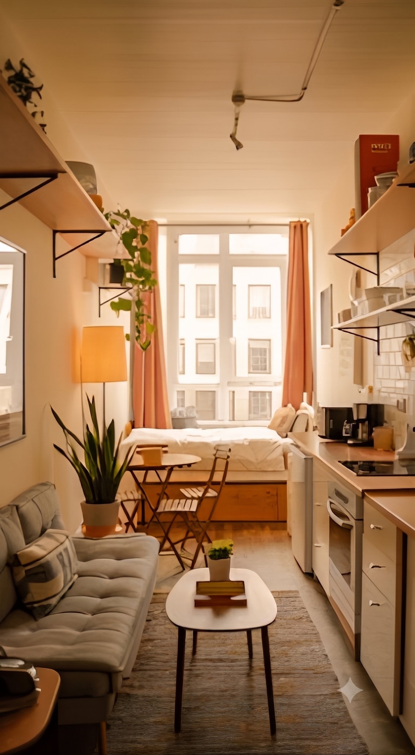 Warmly lit studio with a bed, seating and a fitted kitchen