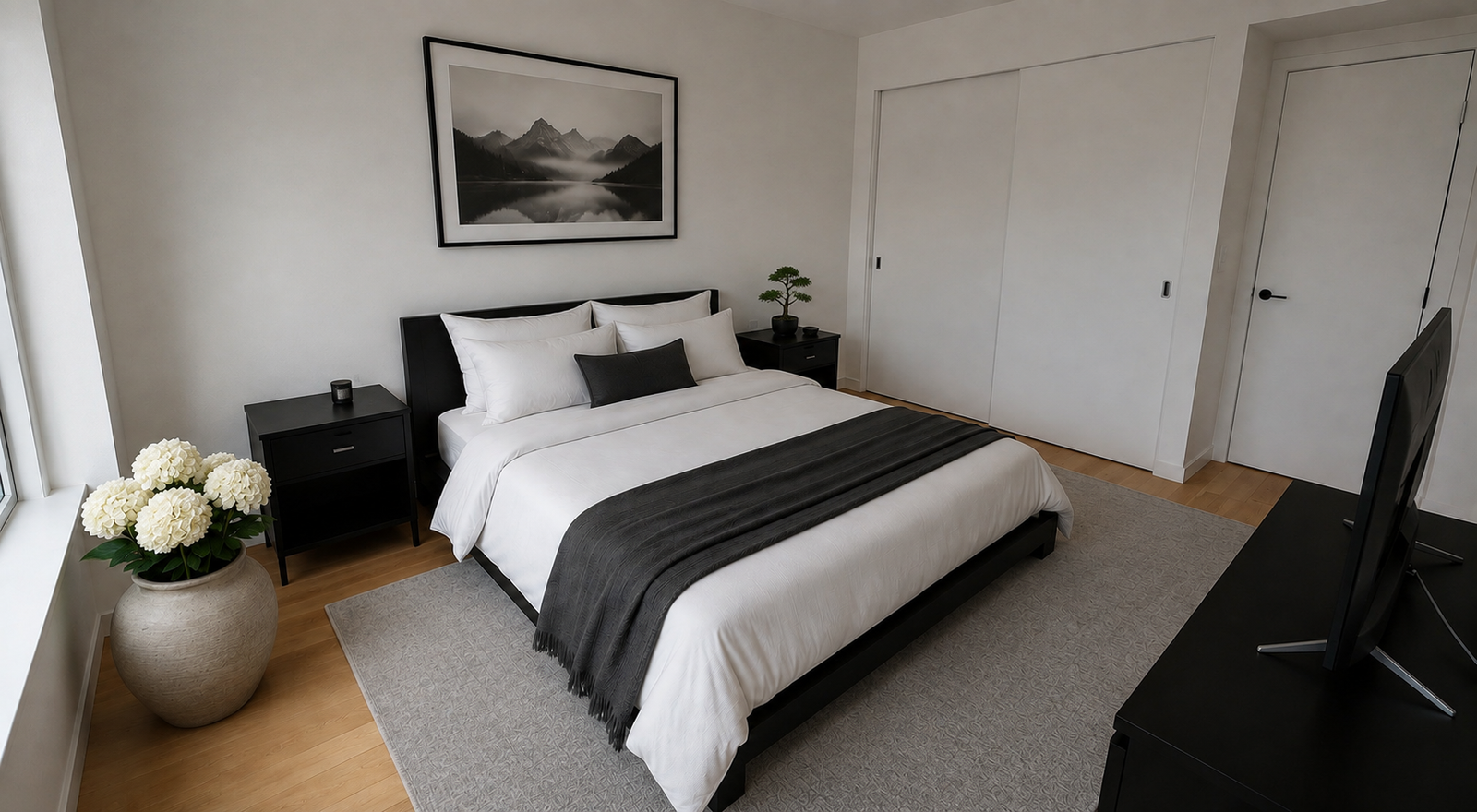 Bedroom with greenery, warm lamps and built-in storage